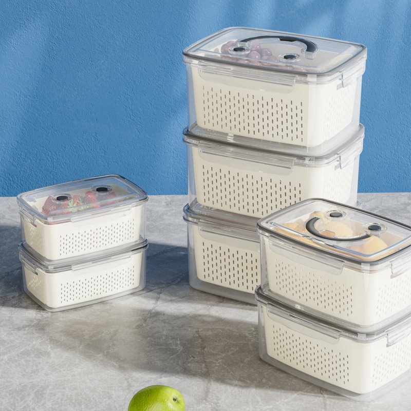 Vegetable Fruit Fresh Produce Fridge Refrigerator Fresh-keeping Storage Box Containers With Grid Strainer Drain Basket Crisper