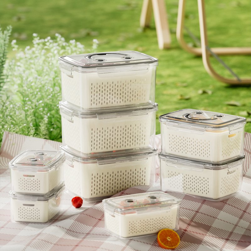 Vegetable Fruit Fresh Produce Fridge Refrigerator Fresh-keeping Storage Box Containers With Grid Strainer Drain Basket Crisper