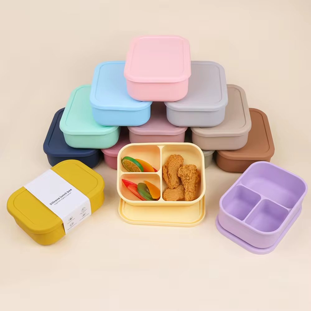Portable have lid Silicone lunch box 3 lattice silicone leak proof bento box food storage container salad lunch box