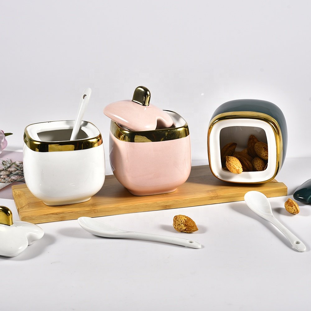 Salt Sugar Spice Jar 3PCS Storage Container Food Grade Nut Packaging Bottle with Spoon and Tray