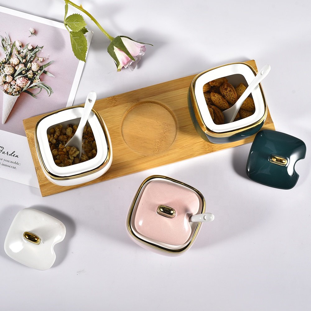 Salt Sugar Spice Jar 3PCS Storage Container Food Grade Nut Packaging Bottle with Spoon and Tray