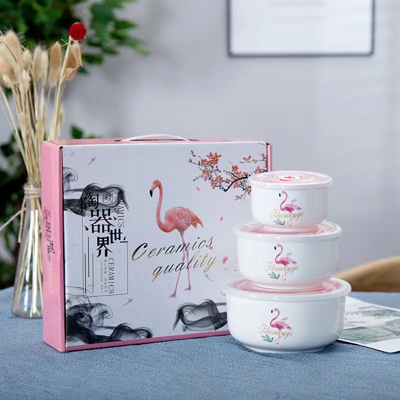 Creative ceramic fresh-keeping bowl with cover three piece set of instant noodles bowl lunch box sealed bowl large fresh-keeping