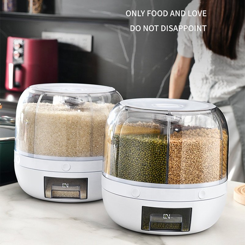 Hot Sale Cereal Rice Food Grain Storage Box Containers 6kg 10kg 25lbs Grotating Rice Grain Dispenser 6 Grid Rotating