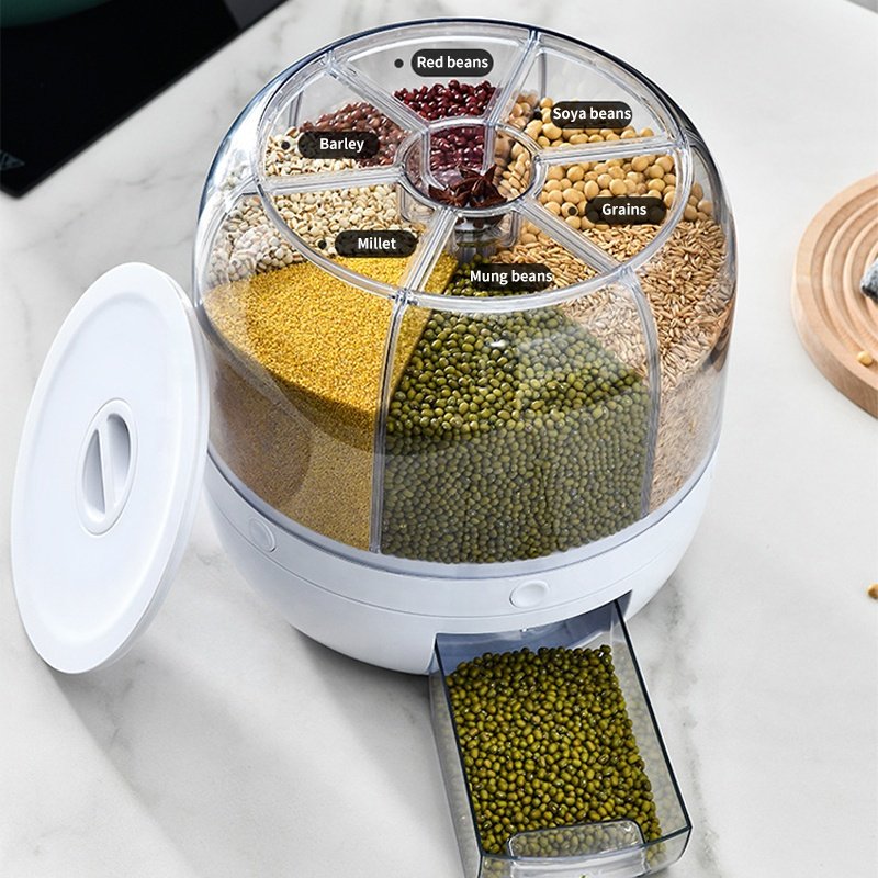 Hot Sale Cereal Rice Food Grain Storage Box Containers 6kg 10kg 25lbs Grotating Rice Grain Dispenser 6 Grid Rotating