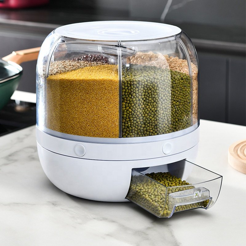 Hot Sale Cereal Rice Food Grain Storage Box Containers 6kg 10kg 25lbs Grotating Rice Grain Dispenser 6 Grid Rotating
