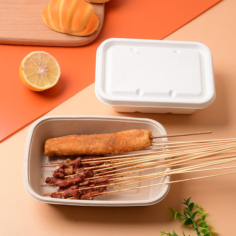 PFAS Free disposable tableware sugarcane bagass biodegradable food boxes 8''*6'' take away food container with lid
