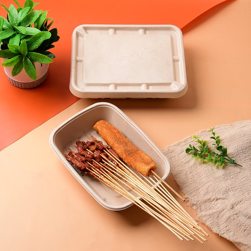 PFAS Free disposable tableware sugarcane bagass biodegradable food boxes 8''*6'' take away food container with lid