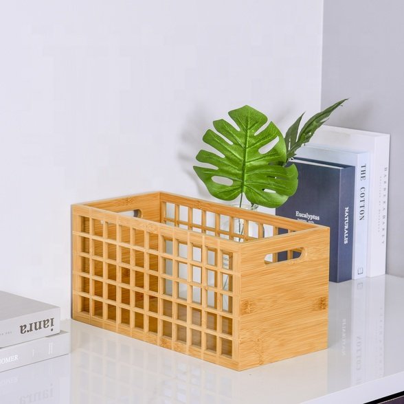 Large Wooden Desk Organizer Bamboo Storage Bin Storage Box Basket Drawer Organizer for Foods, Books, Clothes Storage