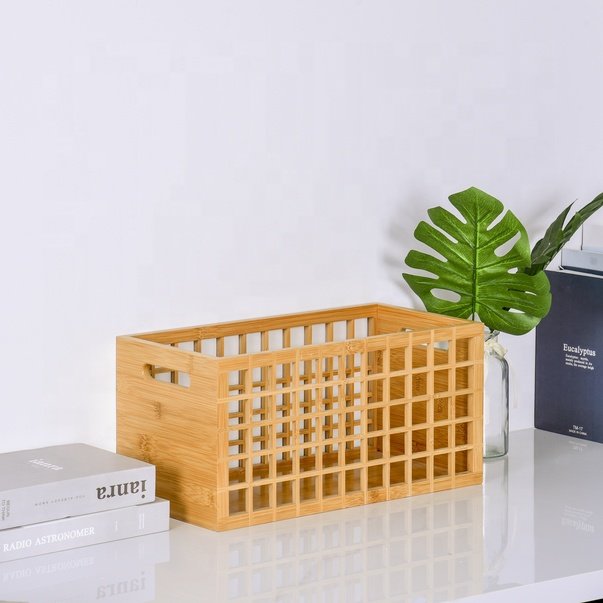Large Wooden Desk Organizer Bamboo Storage Bin Storage Box Basket Drawer Organizer for Foods, Books, Clothes Storage