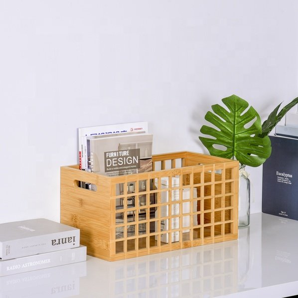 Large Wooden Desk Organizer Bamboo Storage Bin Storage Box Basket Drawer Organizer for Foods, Books, Clothes Storage