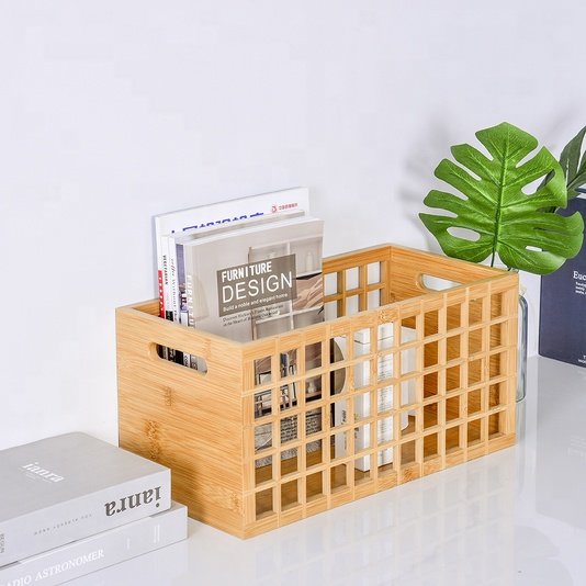 Large Wooden Desk Organizer Bamboo Storage Bin Storage Box Basket Drawer Organizer for Foods, Books, Clothes Storage