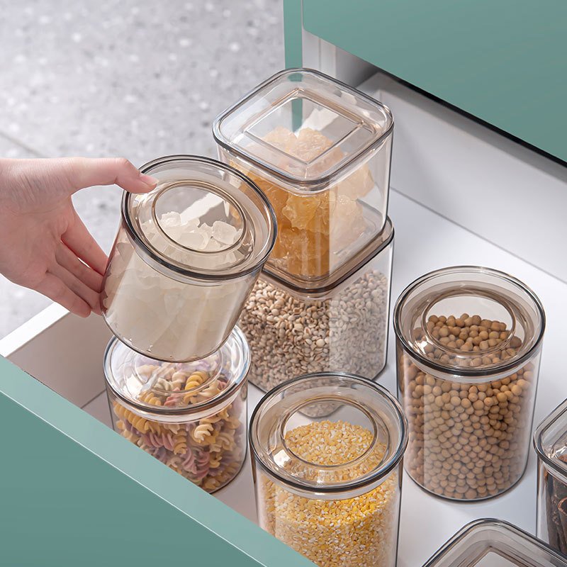 Kitchen Round Plastic Transparent Airtight Dry Food Storage Container Set With Lids