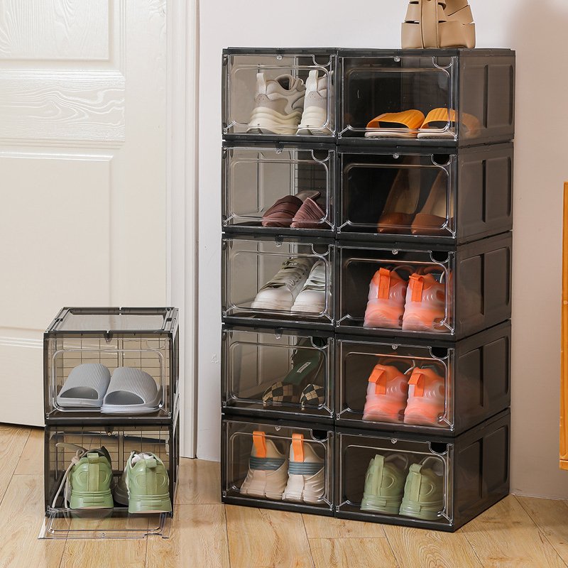 Hot Drop Front Transparent Shoe Case Plastic Stackable Sneaker Wholesale Acrylic Shoe Organizer Storage Box Magnetic Side Drop