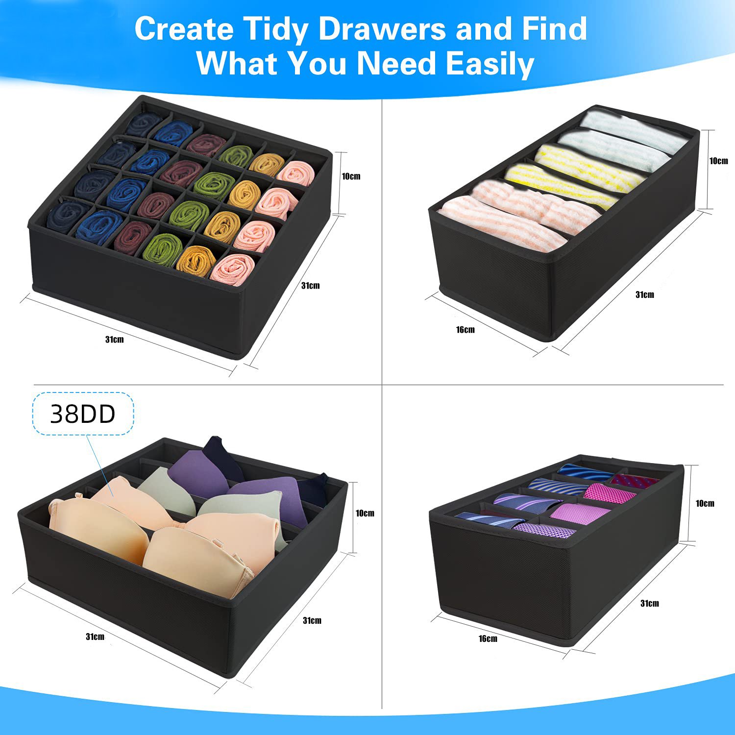 Wholesale Custom Manufacture Fabric Foldable Underwear Drawer Organizers Socks Storage Box Divider