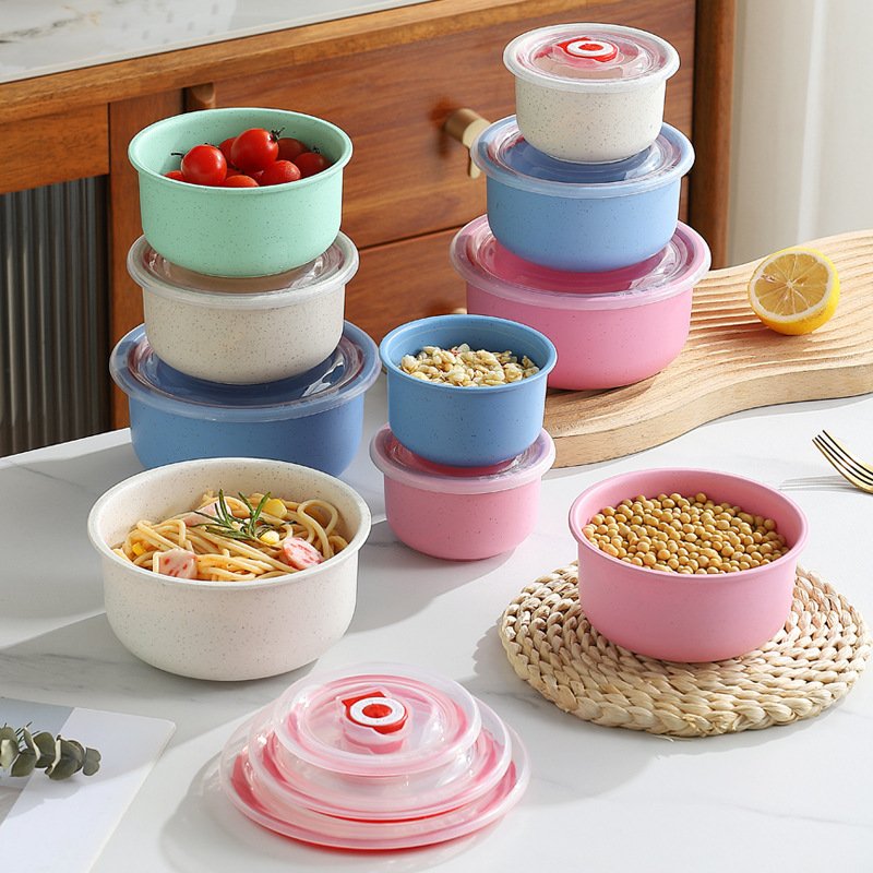 3 pack kitchen cheap wheat straw food storage small bucket storage bowl set airtight food storage container set lunch box