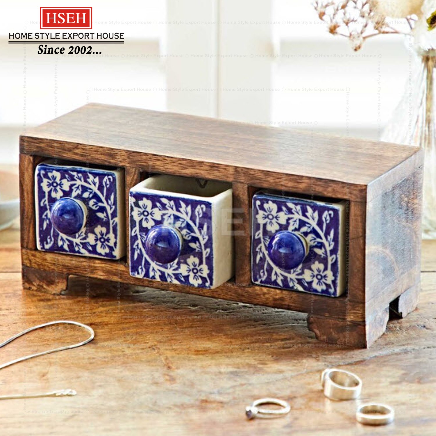 Wooden Chest of Drawer with Ceramic Box Natural Brown Storage Box Table Top Wooden Drawer Storage Decorative Organizer
