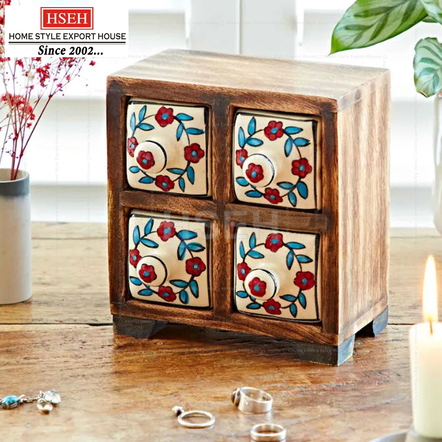 Wooden Chest of Drawer with Ceramic Box Natural Brown Storage Box Table Top Wooden Drawer Storage Decorative Organizer