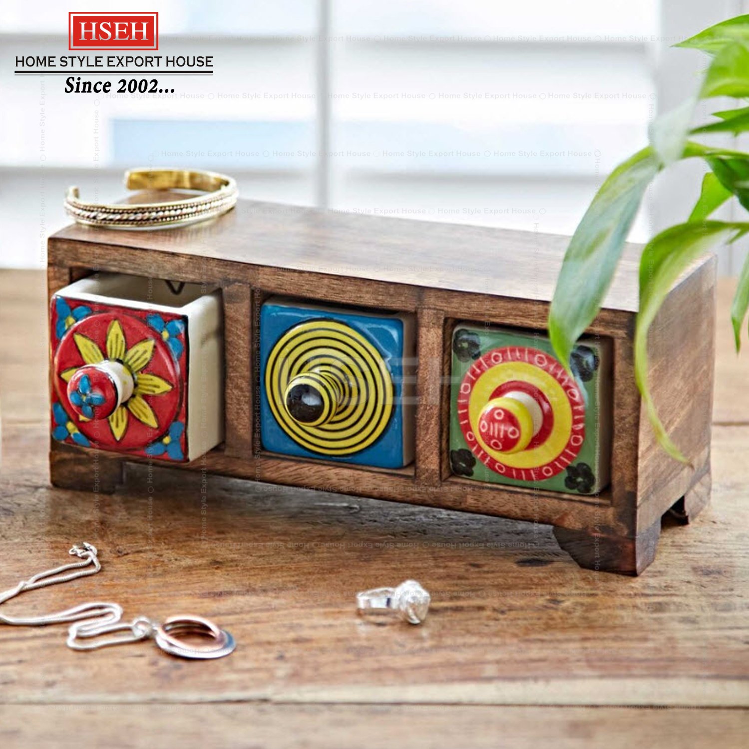 Wooden Chest of Drawer with Ceramic Box Natural Brown Storage Box Table Top Wooden Drawer Storage Decorative Organizer