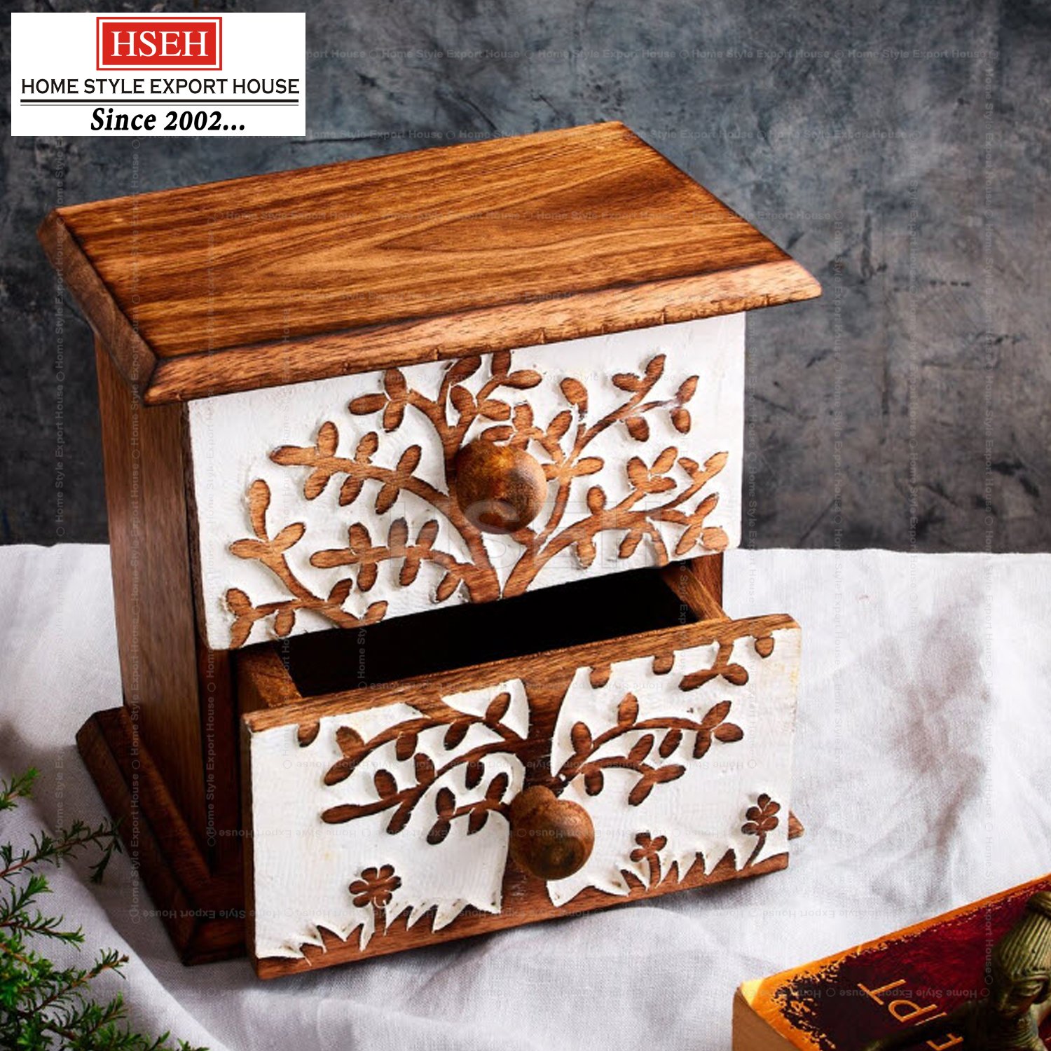 Wooden Chest of Drawer with Ceramic Box Natural Brown Storage Box Table Top Wooden Drawer Storage Decorative Organizer