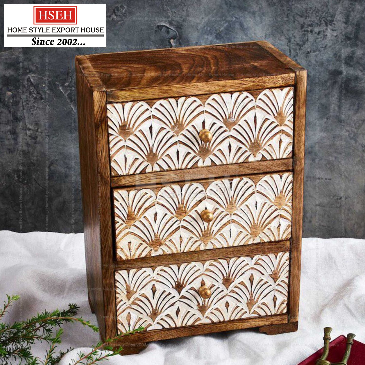 Wooden Chest of Drawer with Ceramic Box Natural Brown Storage Box Table Top Wooden Drawer Storage Decorative Organizer
