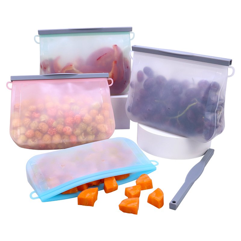 BPA Free Custom Reusable Food Silicone Zipper Snack Fruit Bags Kitchen Silicone Zip-lock Food Storage Pouch Bag and Container
