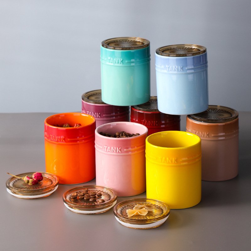 Modern Design Colorful Ceramic Snack Bottle Holder Kitchen Supplies Storage Tank Lid Sealed Jar Drawer Style Condiments Canister