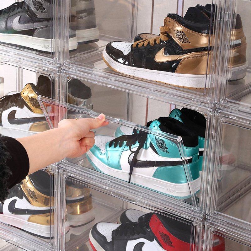 PET Plastic Transparent Sneaker Shoes Storage Box Organizer Magnetic Door Foldable Shoe BoX