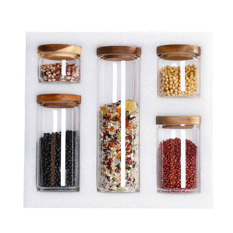 Best selling in Europe and America Food Storage Container with Airtight Wooden Lid Set of 5 Clear Glass Canister Food Jar