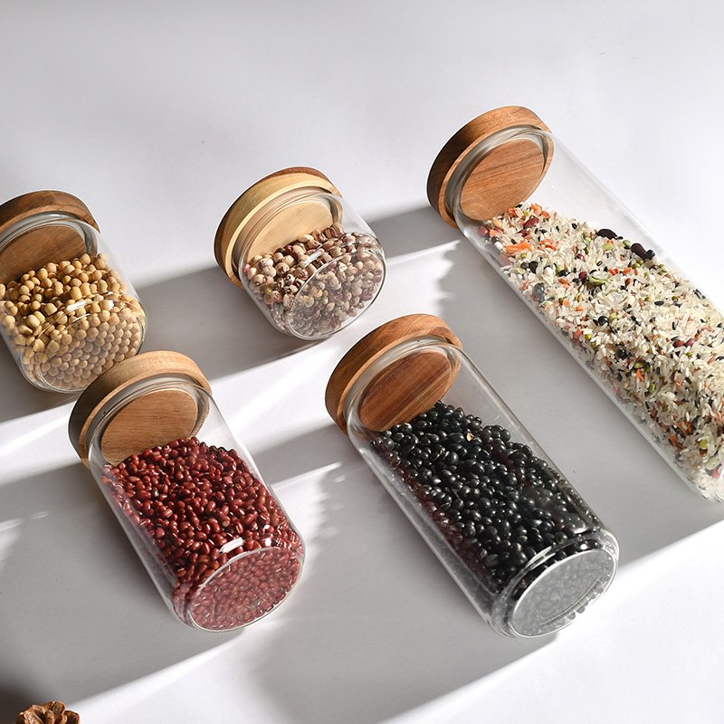 Best selling in Europe and America Food Storage Container with Airtight Wooden Lid Set of 5 Clear Glass Canister Food Jar