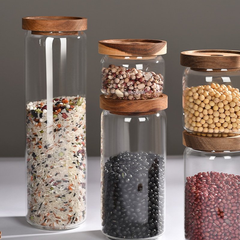 Best selling in Europe and America Food Storage Container with Airtight Wooden Lid Set of 5 Clear Glass Canister Food Jar