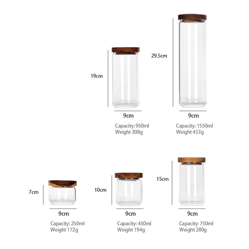 Best selling in Europe and America Food Storage Container with Airtight Wooden Lid Set of 5 Clear Glass Canister Food Jar