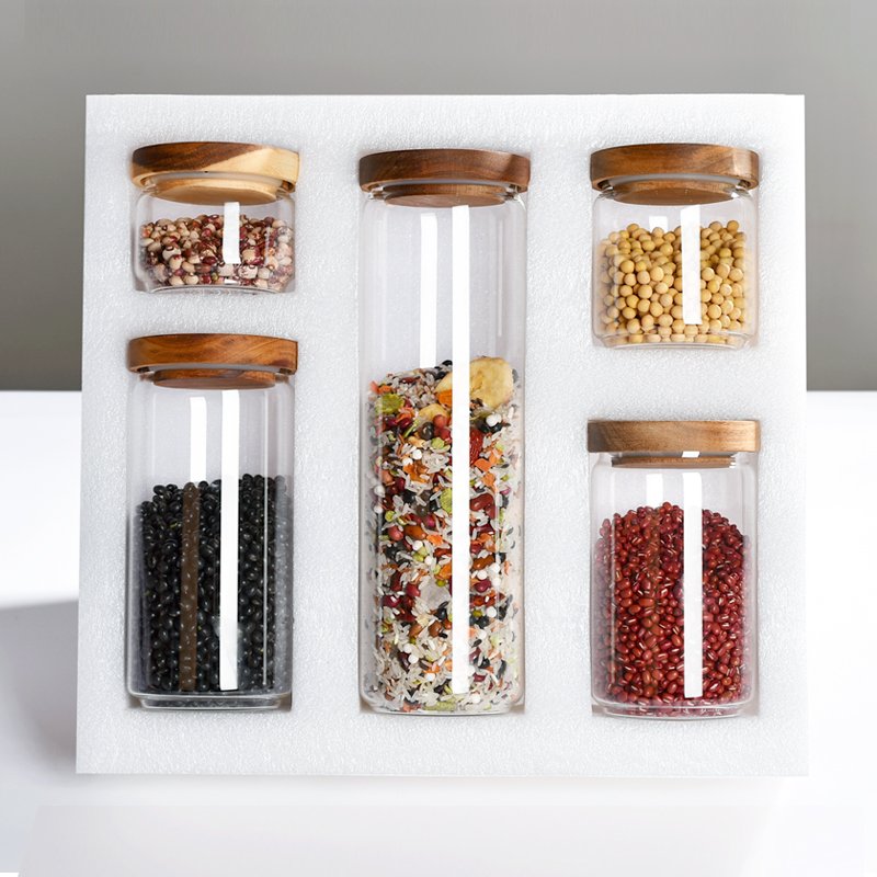 Best selling in Europe and America Food Storage Container with Airtight Wooden Lid Set of 5 Clear Glass Canister Food Jar