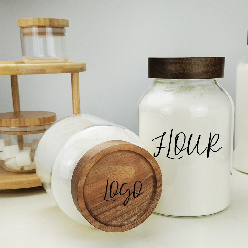 Custom large size Acacia storage jar with screwed lid