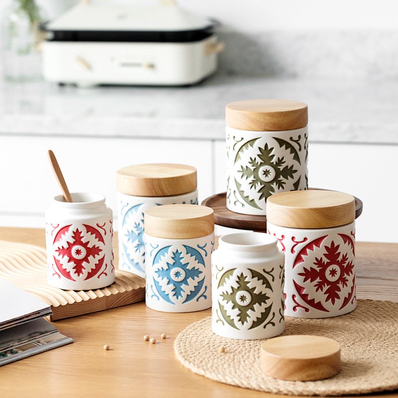 kitchen storage sugar coffee tea ceramic canister set for the kitchen,porcelain food ceramic storage jar with wood lid