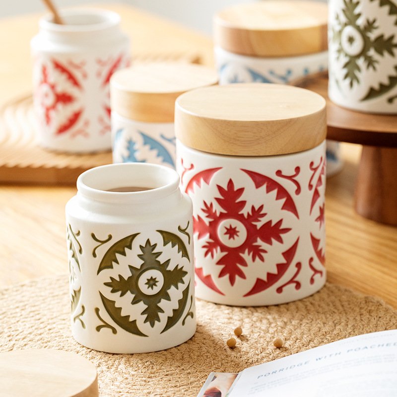 kitchen storage sugar coffee tea ceramic canister set for the kitchen,porcelain food ceramic storage jar with wood lid