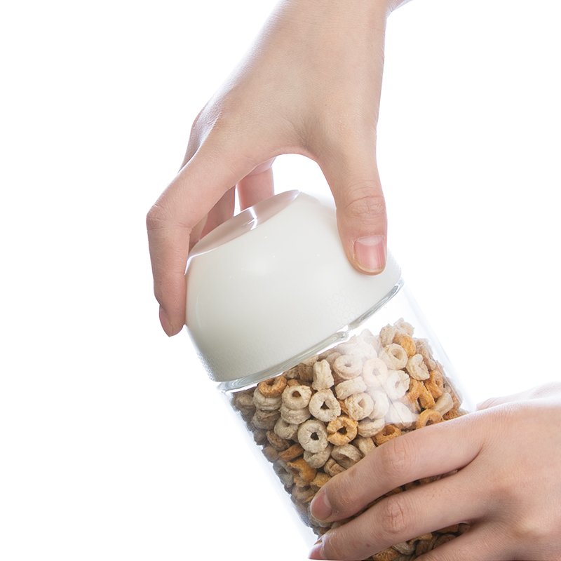 round glass food storage container with unique measuring cup lid cereal jar organizer kitchen wide mouth empty