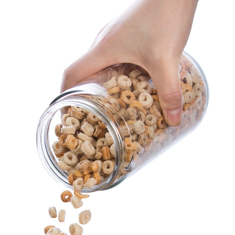 round glass food storage container with unique measuring cup lid cereal jar organizer kitchen wide mouth empty
