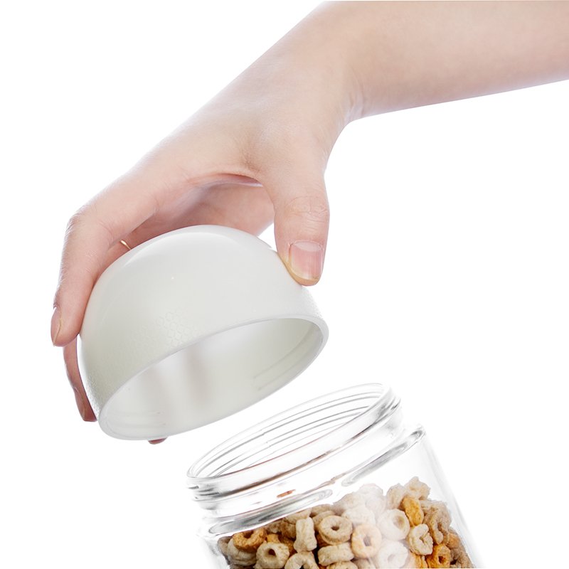 round glass food storage container with unique measuring cup lid cereal jar organizer kitchen wide mouth empty