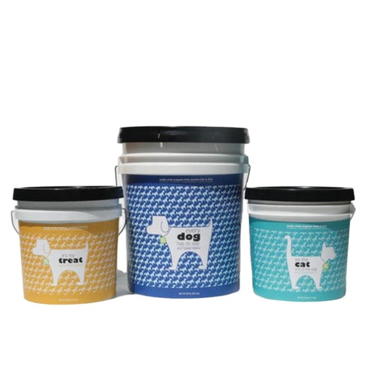 custom Logo printed iml pet food packaging disposable dog food container pet food storage with handle