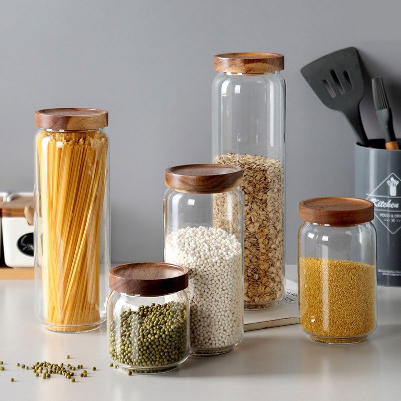 Wholesale Multifunctional Empty Food Storage Glass Jars Glass with Bamboo Lid and Silicone Ring Food Storage Jar Glass