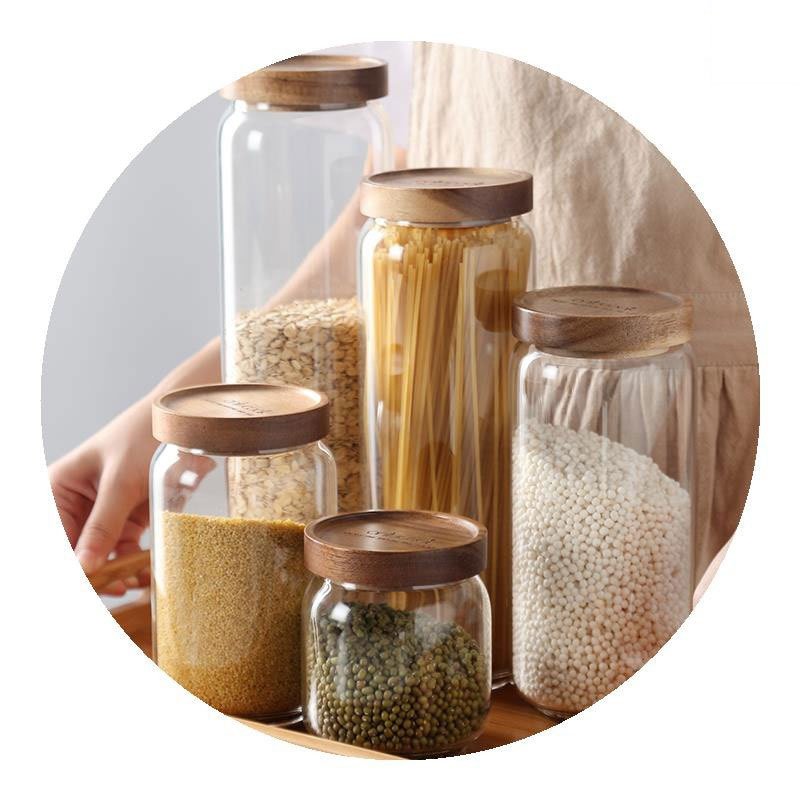 Wholesale Multifunctional Empty Food Storage Glass Jars Glass with Bamboo Lid and Silicone Ring Food Storage Jar Glass