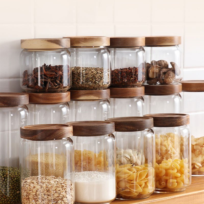 Wholesale Multifunctional Empty Food Storage Glass Jars Glass with Bamboo Lid and Silicone Ring Food Storage Jar Glass