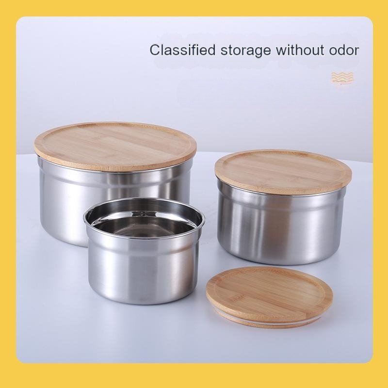 Round Kitchen Container Bamboo Lids Food Storage Jar Use Stainless Steel Multi-purpose Lunch Boxes with Silicone Ring