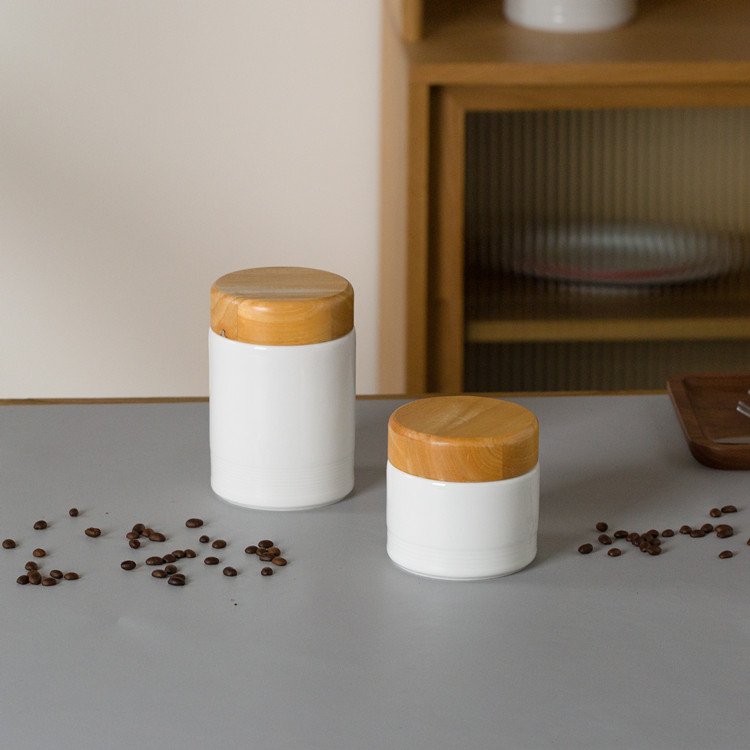 wholesale custom logo kitchen storage jar ceramic coffee tea airtight food canister set with solid wooden lids