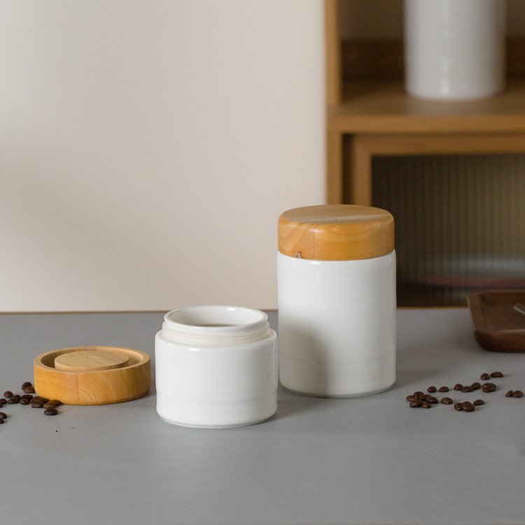 wholesale custom logo kitchen storage jar ceramic coffee tea airtight food canister set with solid wooden lids