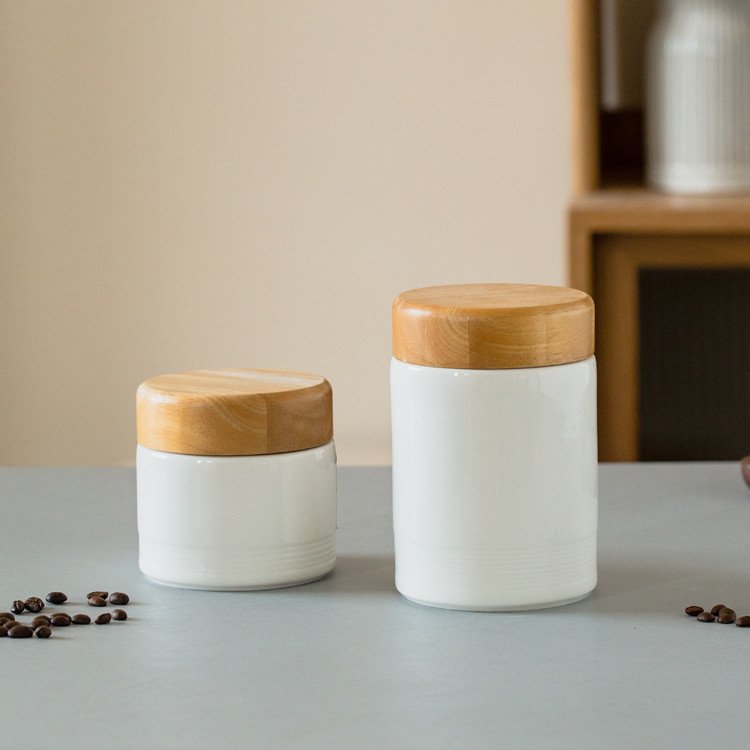 wholesale custom logo kitchen storage jar ceramic coffee tea airtight food canister set with solid wooden lids