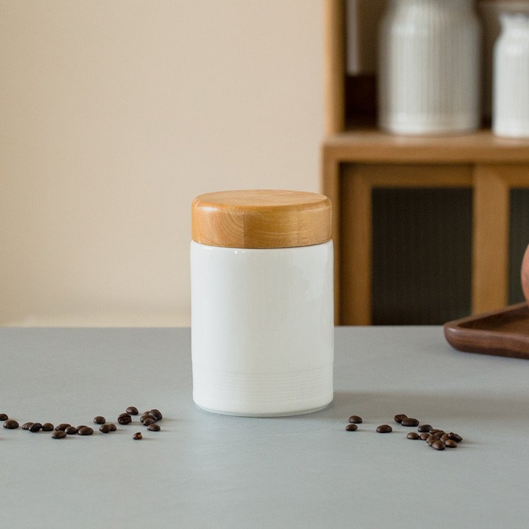 wholesale custom logo kitchen storage jar ceramic coffee tea airtight food canister set with solid wooden lids