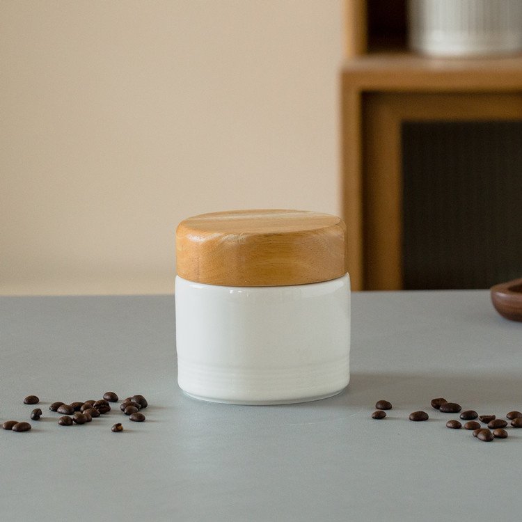 wholesale custom logo kitchen storage jar ceramic coffee tea airtight food canister set with solid wooden lids