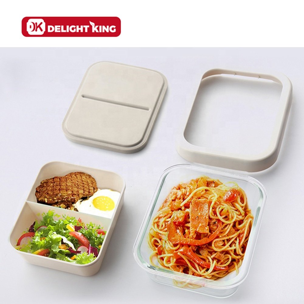 2Compartments Glass Food Container Nested Bento Lunch Box Large Reversible Glass Food containers portable