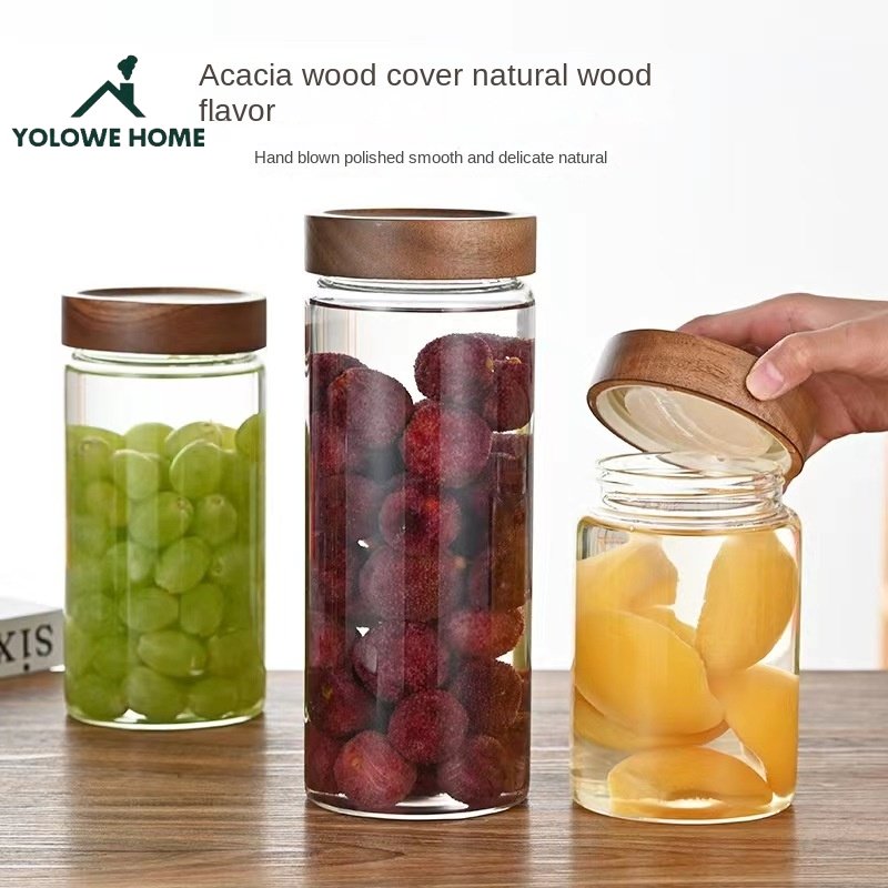 YOLOWE HOME Modern Design Wide-Mouthed Glass Storage Jars with Acacia Lid Kitchen Organizers and Pickle Jars for Food Storage